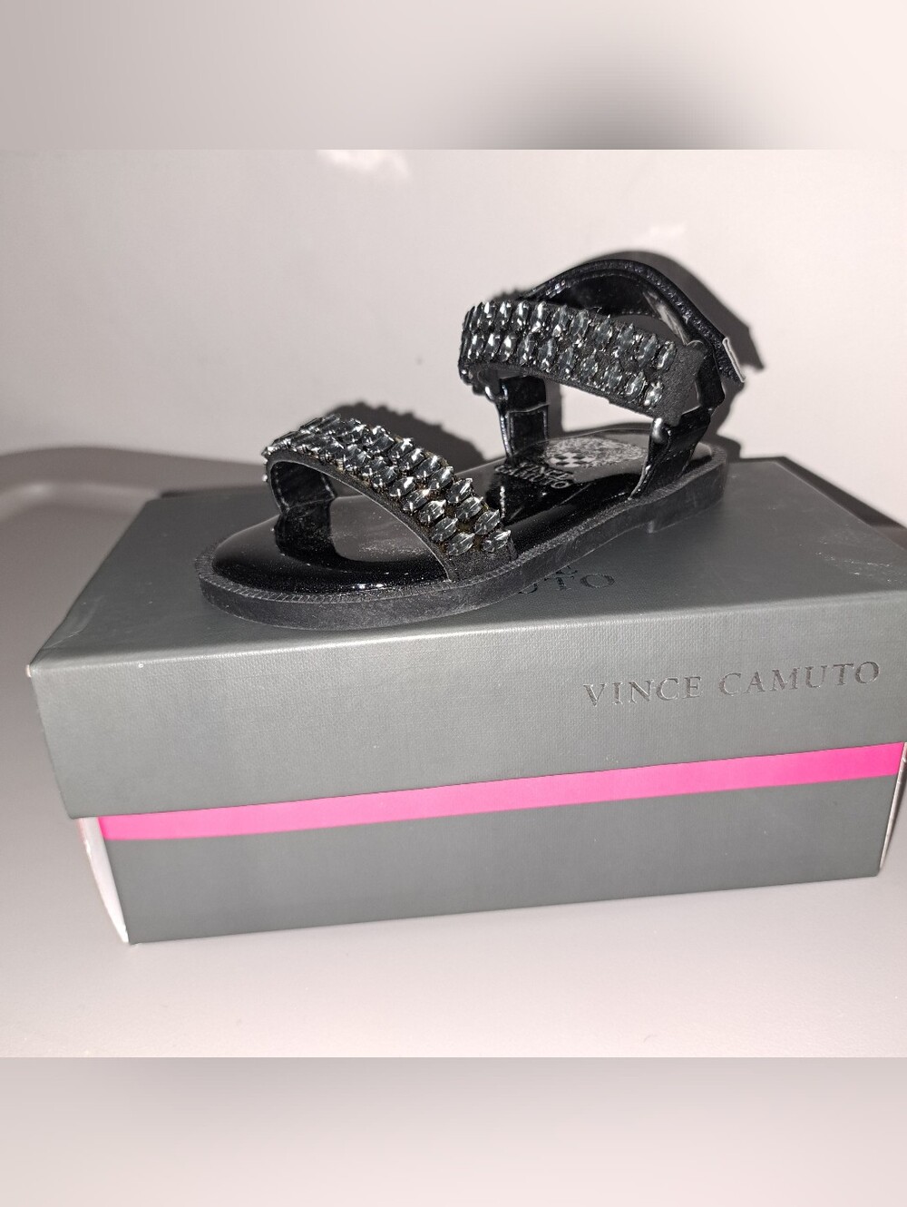 Vince Camuto Black Jeweled Baby Girl Sandal with Silver Accents